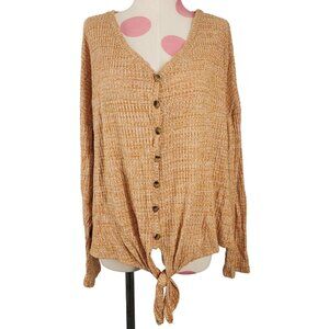 Women's Signature I Studio Button Tie Front Sweater Large Waffle Oversized Top